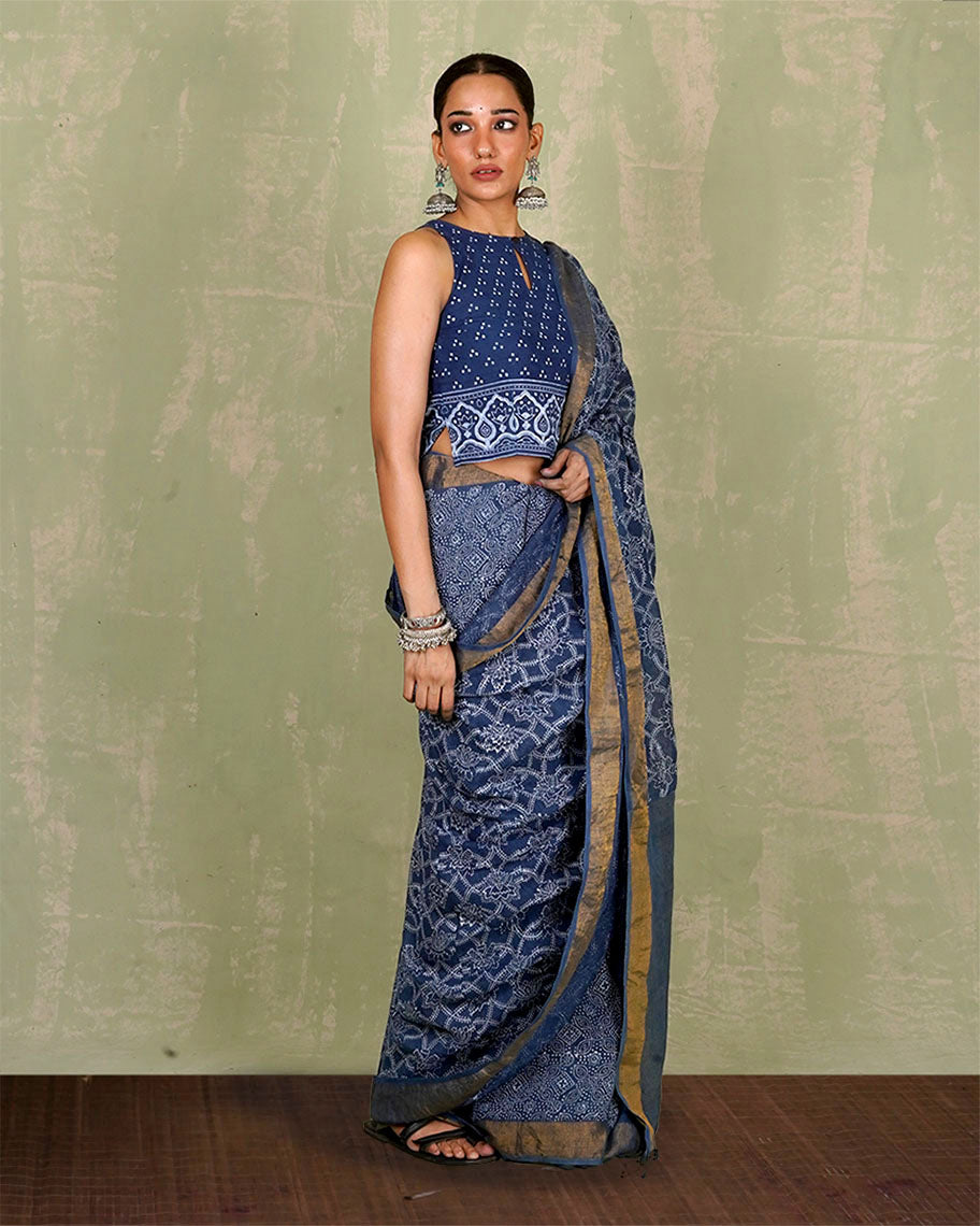 Malavi Blue Handblock Print Linen Saree - INDI