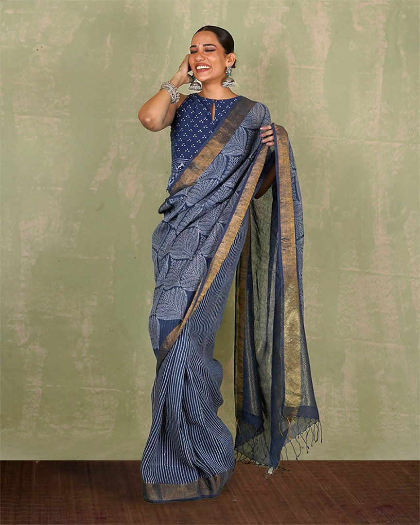 Malhari Blue Handblock Print Linen Saree - INDI