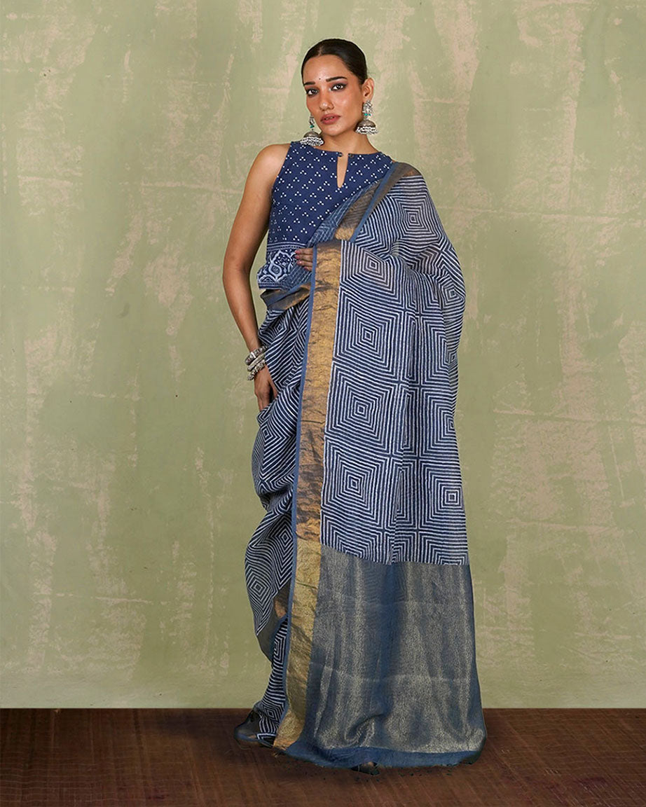 Sarang Blue Handblock Print Linen Saree - INDI