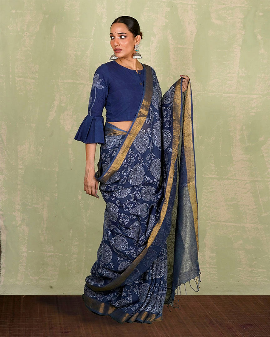 Rahi Blue Handblock Print Linen Saree - INDI