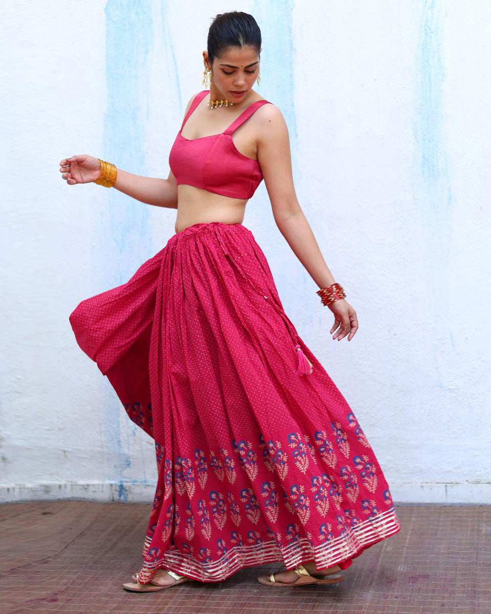 Chamak Pink Handblock Print Cotton Ghagra - RSH