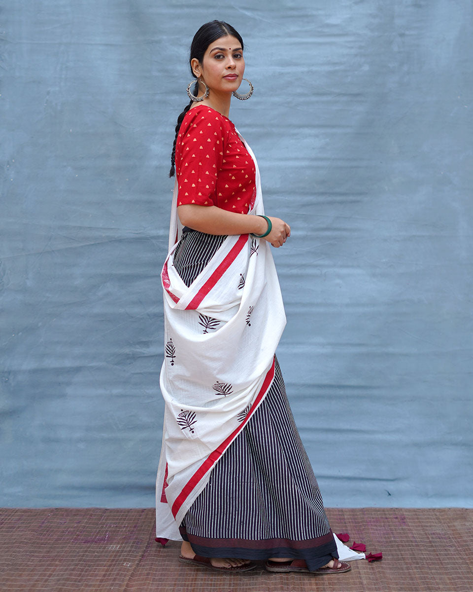 Moon & Mist Black & White Handblock Print Cotton Saree - M&M