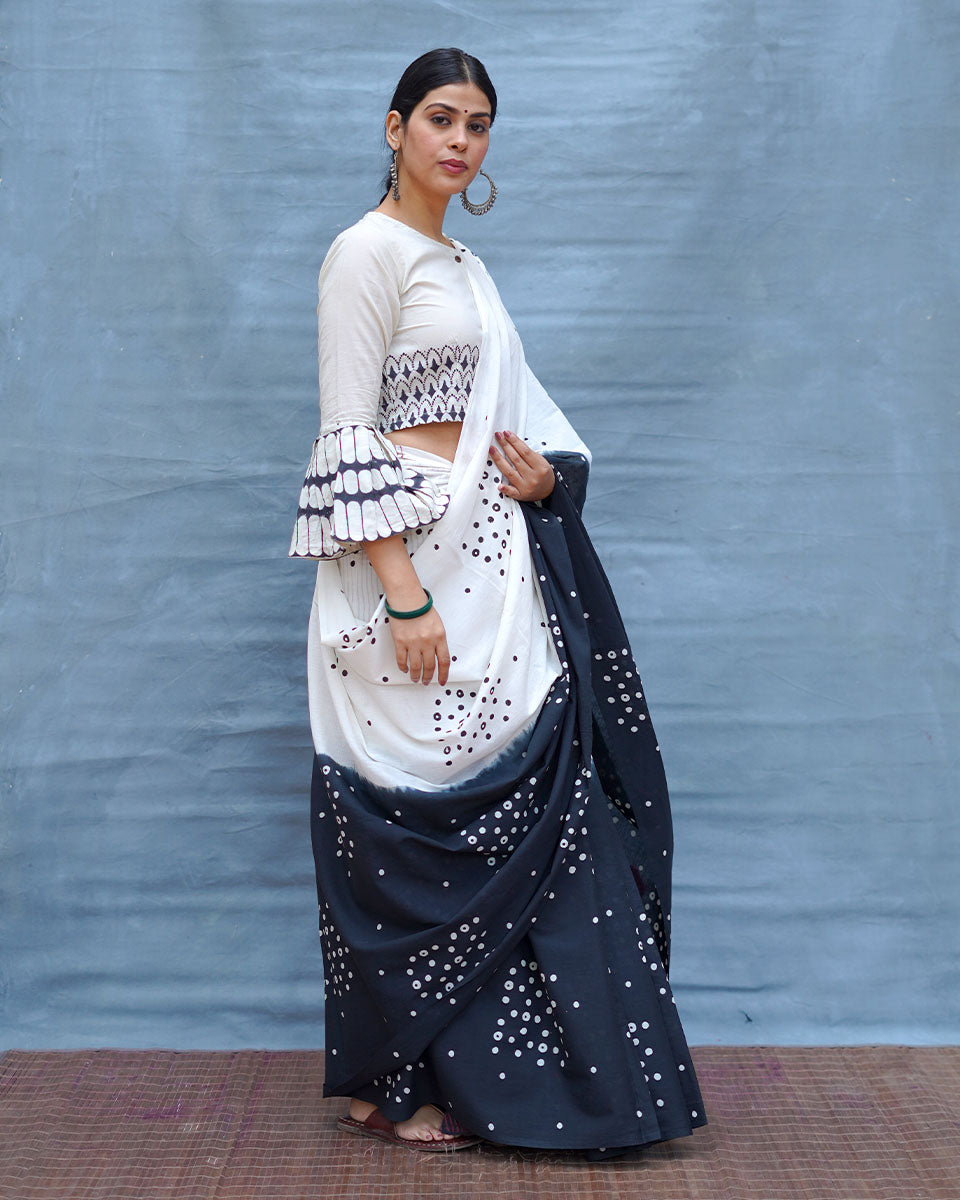 Colourblind Black & White Handblock Print Cotton Saree - M&M