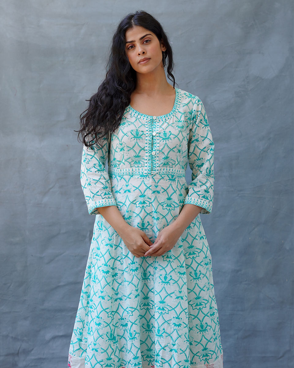 Chamomile’s Calm Teal Green Block Printed Cotton Dress - MMG