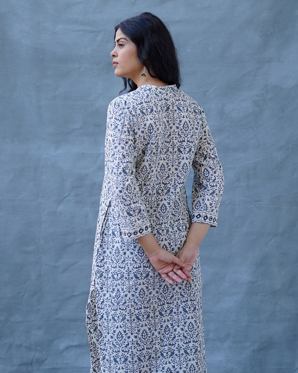 Monsoon Sea Grey Block Printed Cotton Kurti - BMS