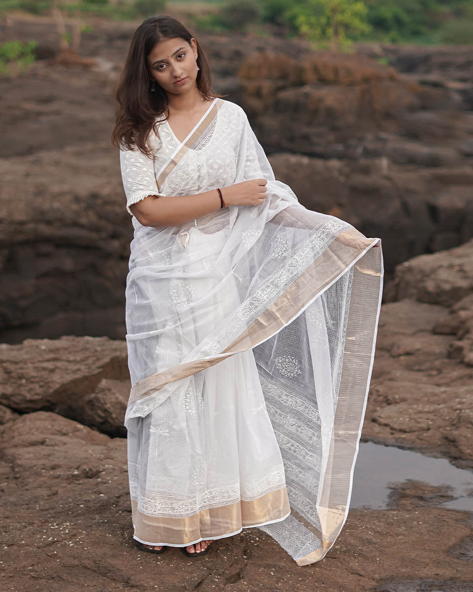 Cloudberry Kota Doria Ivory Block Printed Saree - SFD