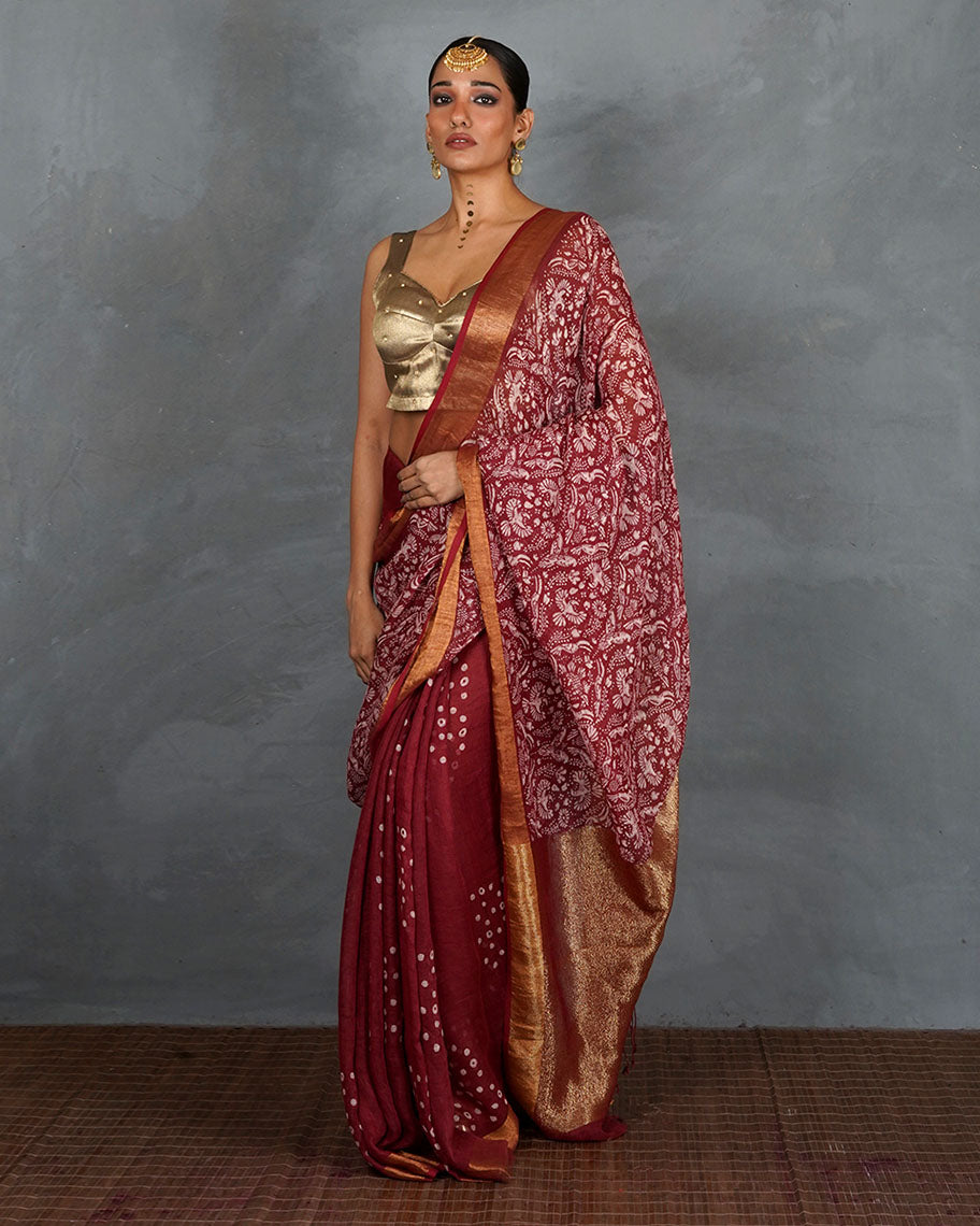Urvi Maroon Handblock Linen Saree - TARA