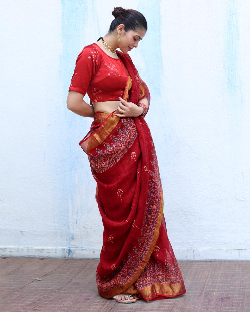 Nayyir Maroon Handblock Print Linen Saree - RSH