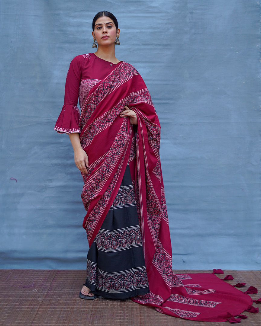 Labanya Maroon Handblock Printed Cotton Saree - Soil