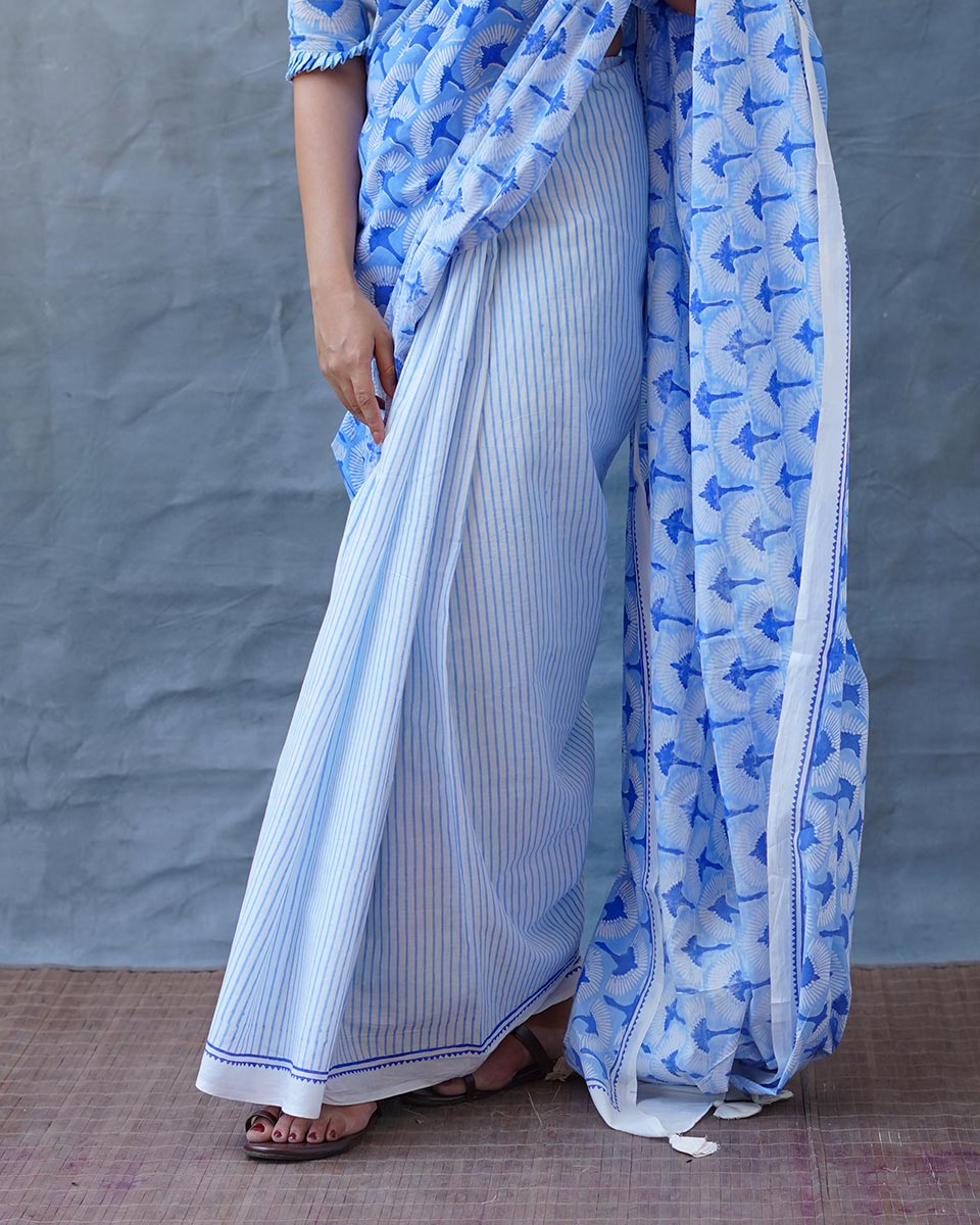 Maya Blue Hand Block Printed Saree-BAD