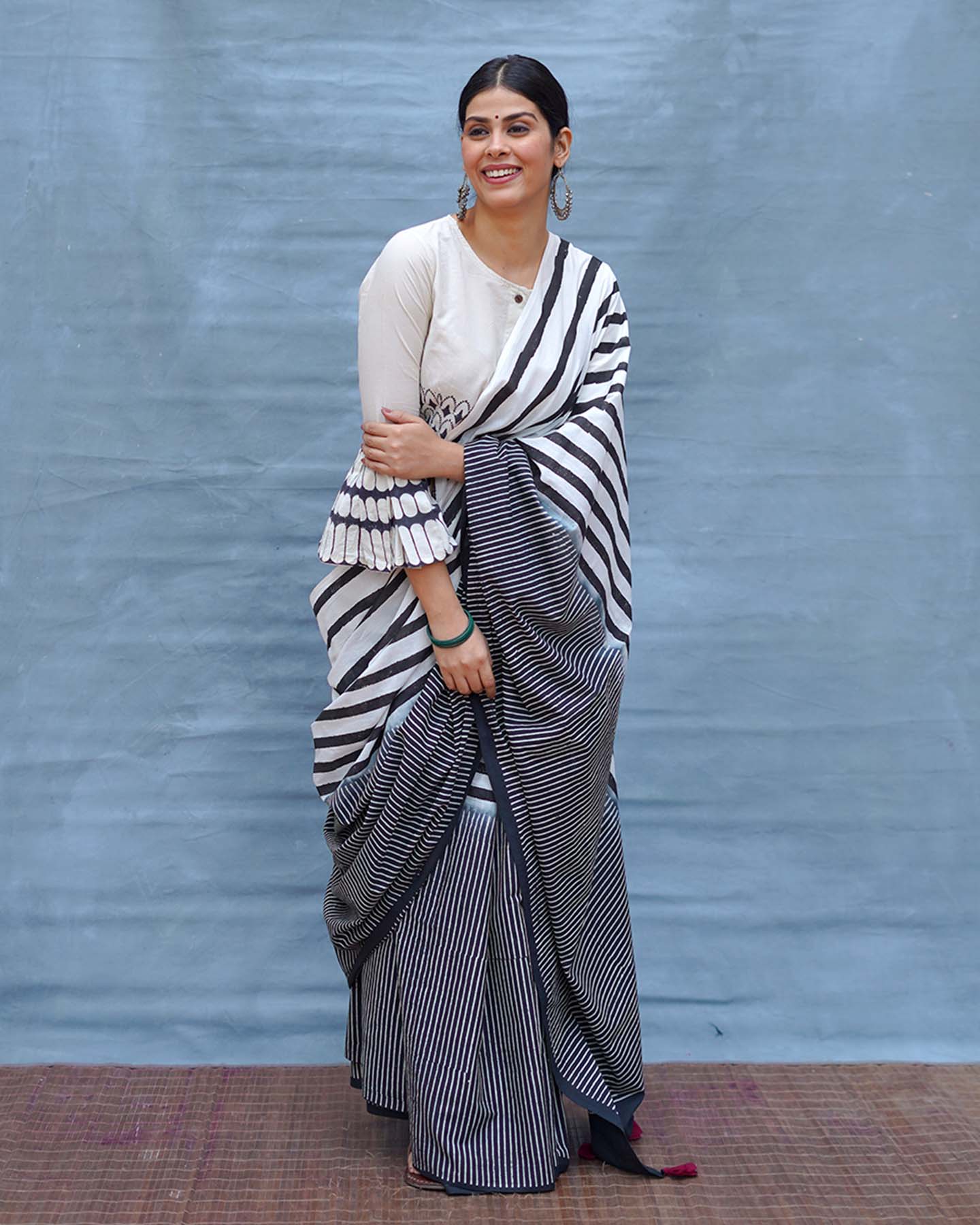 Black or White Handblock Print Cotton Saree - M&M