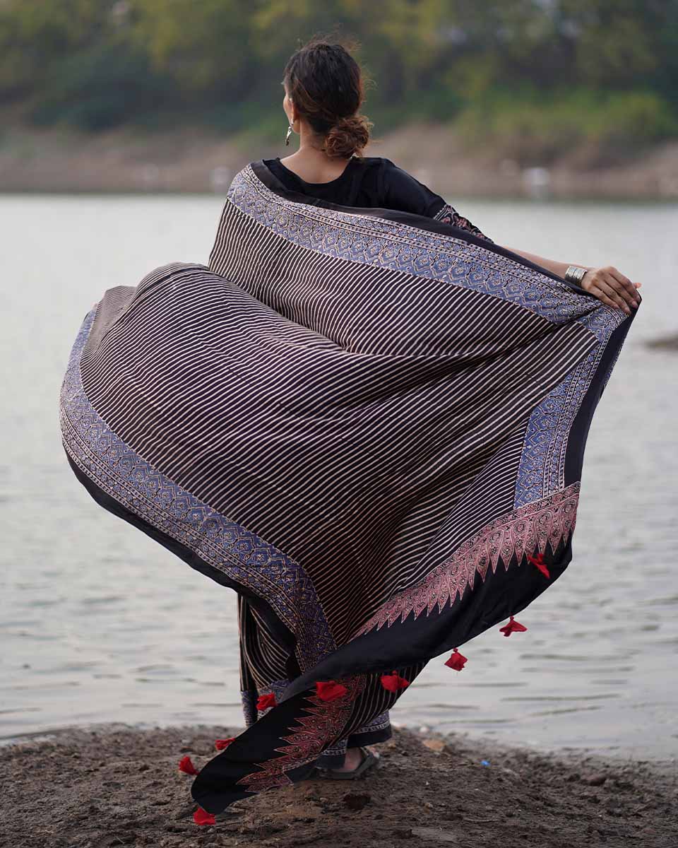 Bhumika Black Block printed Modal Silk Saree - Jaisal