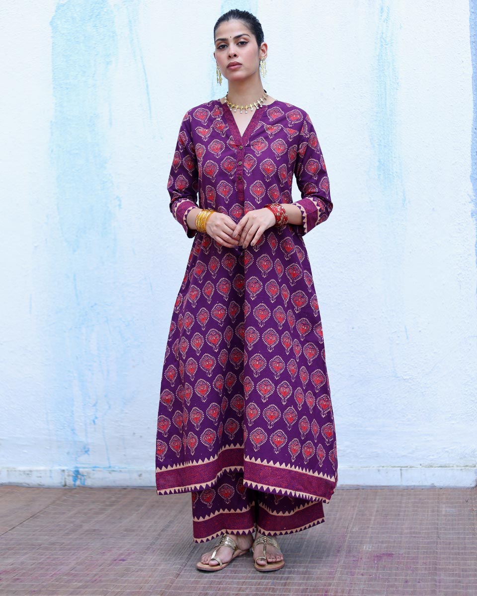 Jugni Purple Handblock Print Cotton Kurta Set - RSH