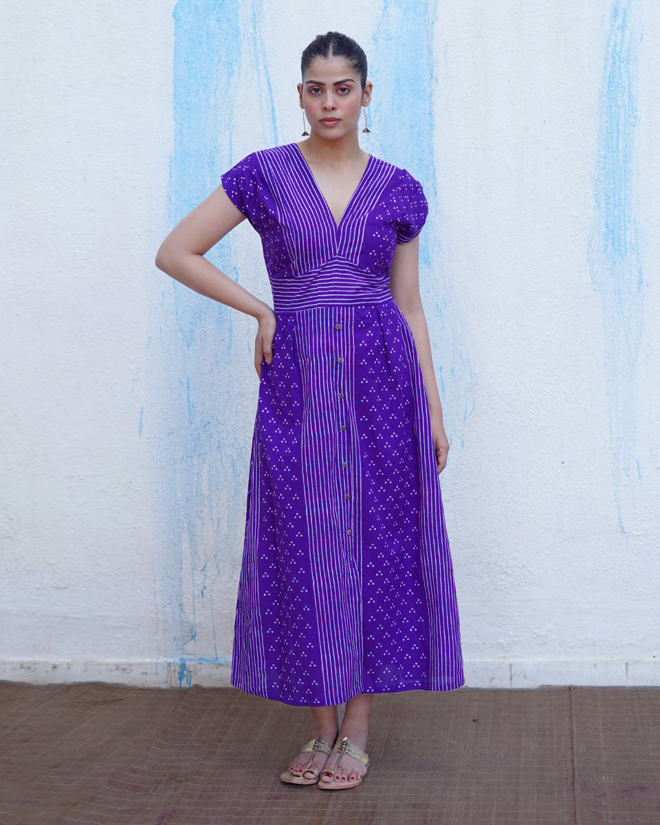 Lahari Purple Handblock Print Cotton Dress - BFG