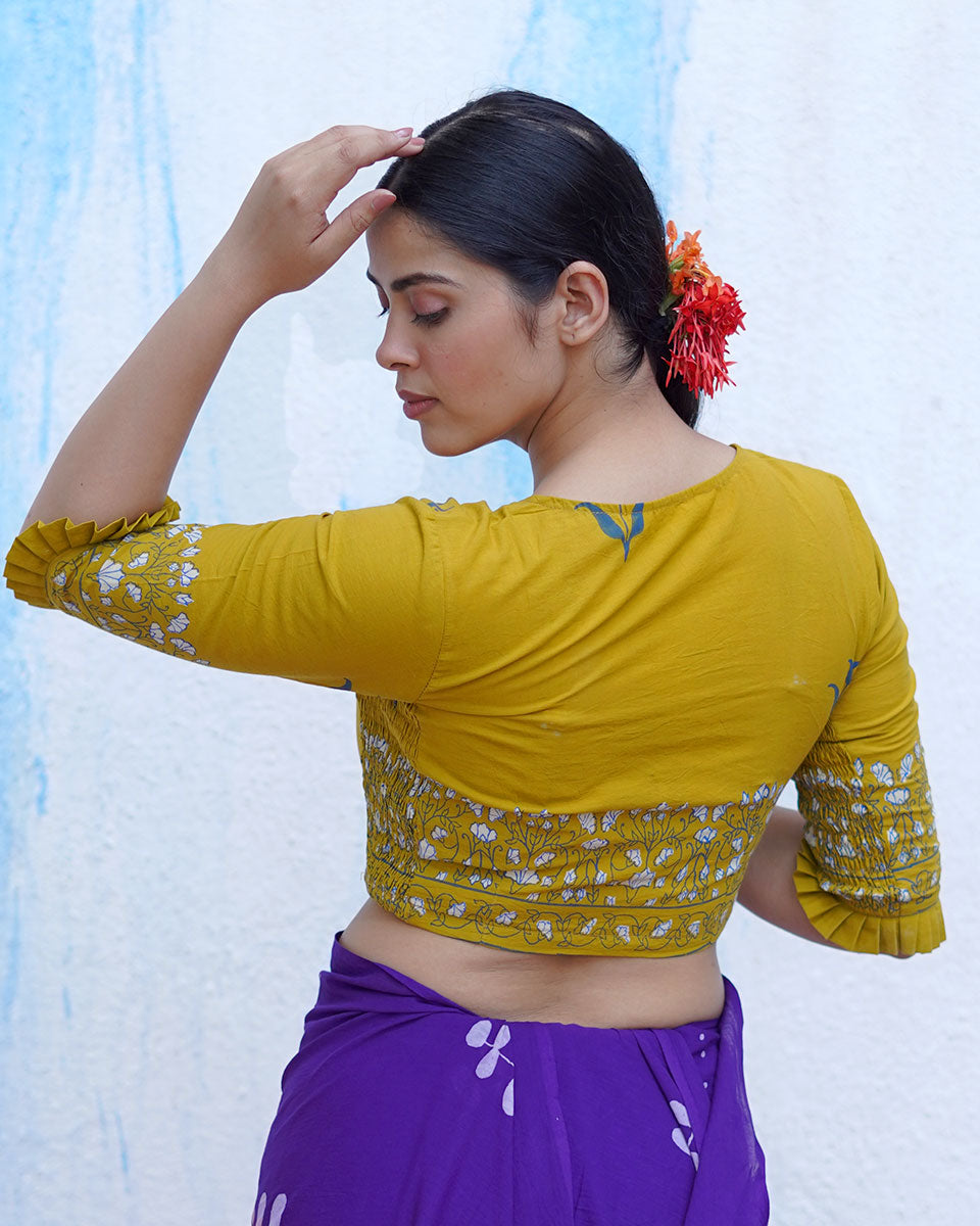 Pankhi Mustard Yellow Handblock Print Cotton Blouse - BFG