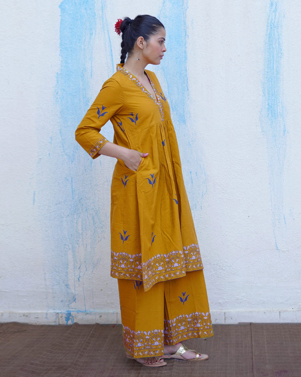Rangeeli Mustard Yellow Handblock Print Cotton Kurta Set - BFG