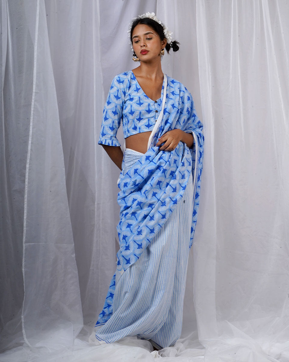 Maya Blue Hand Block Printed Saree-BAD