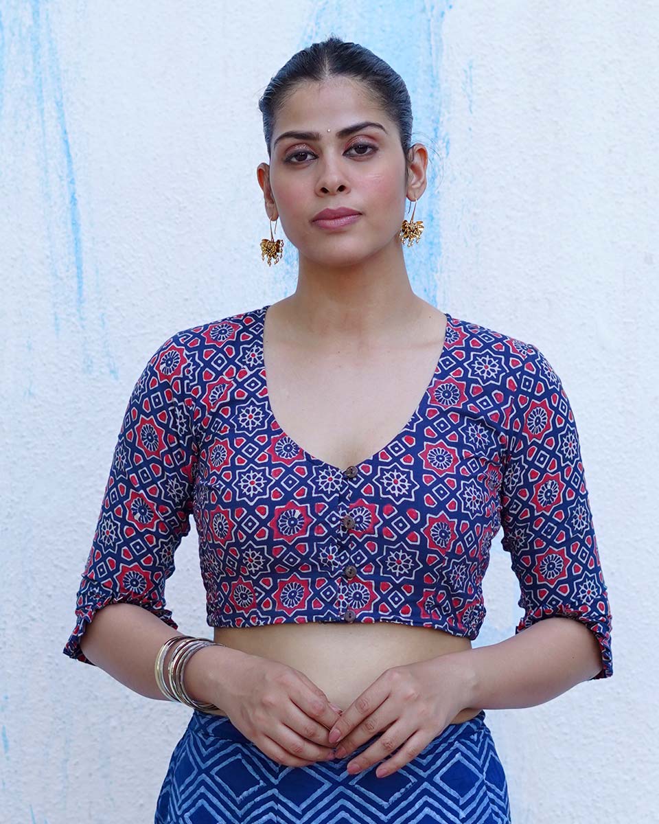 Carefree Hours Indigo Blue Hand Block Printed Cotton Blouse - UMT