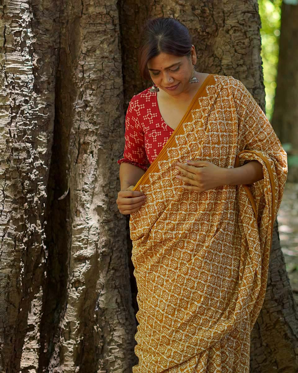 Under Open Skies Mustard Hand Block Printed Cotton Saree - UMT
