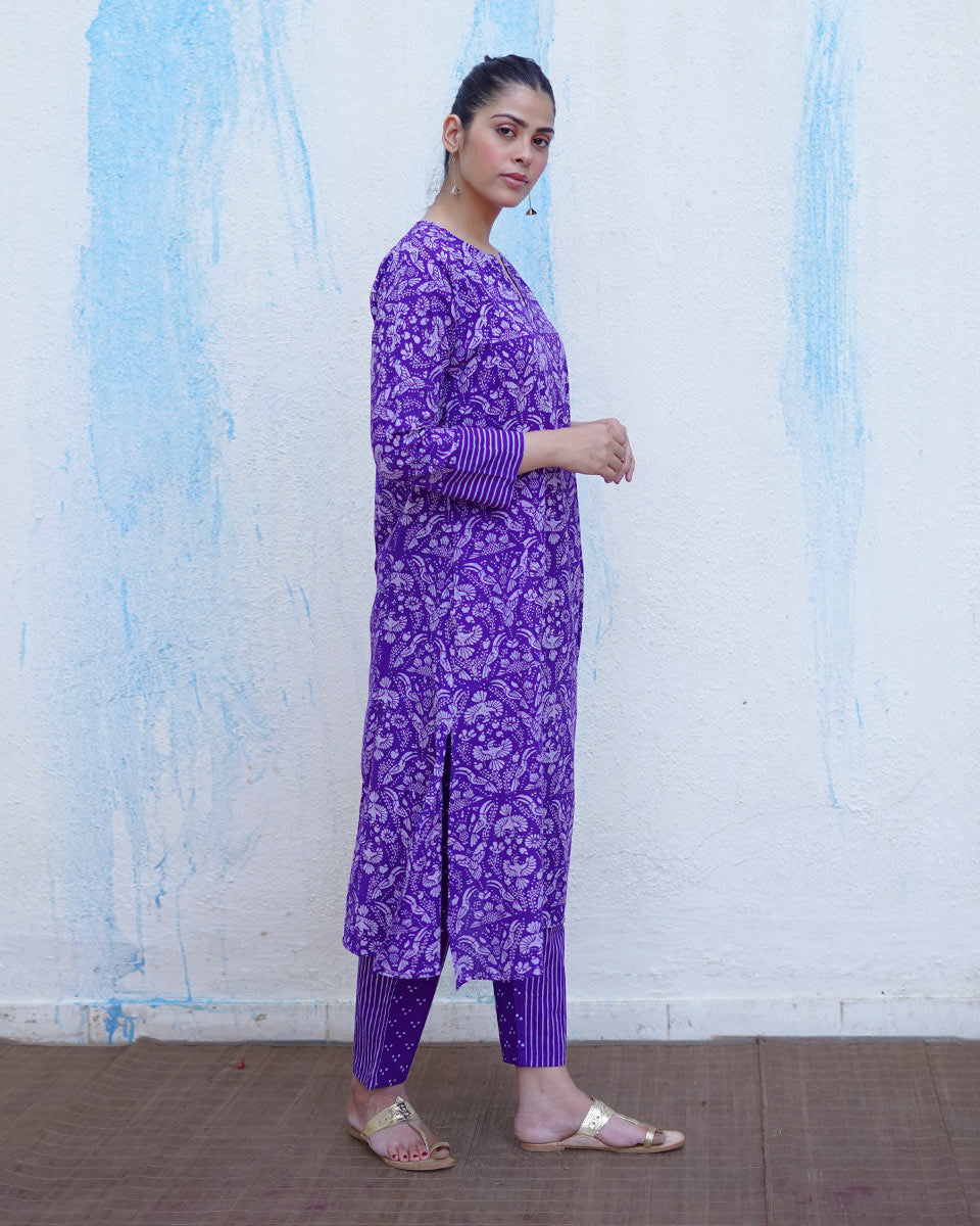 Hawa Purple Handblock Print Cotton Kurta Set - BFG