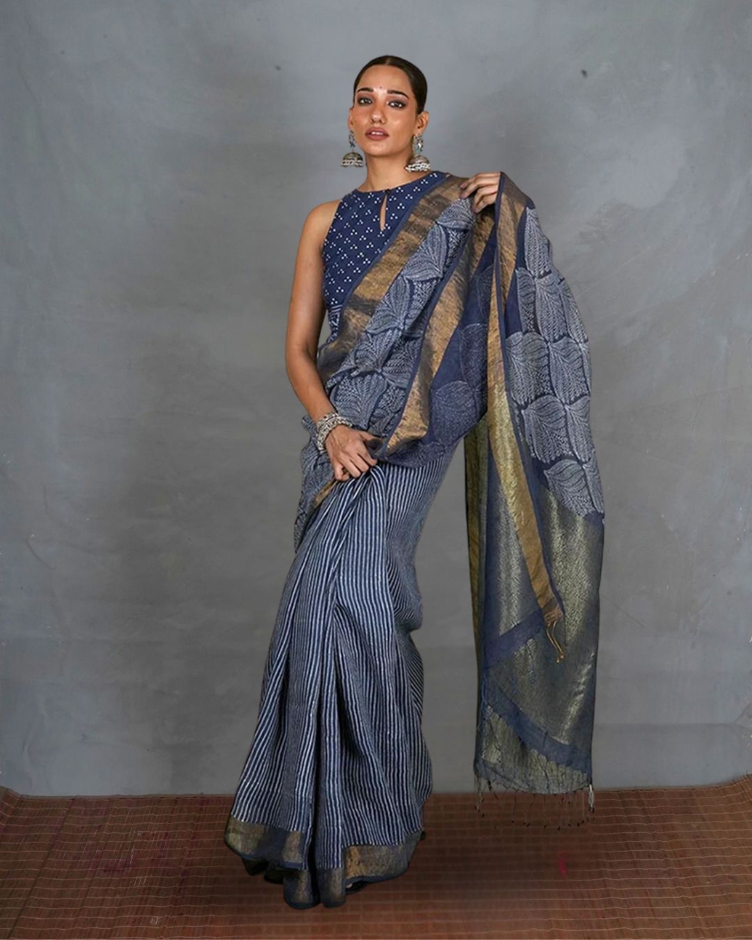 Malhari Blue Handblock Print Linen Saree - INDI