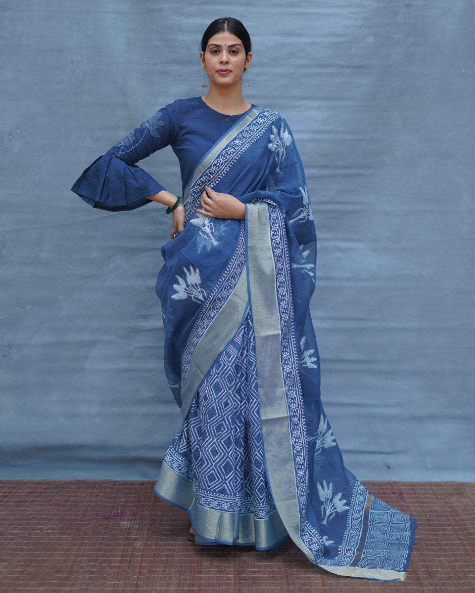 Midnight Sky Blue Block Printed Kota Doria Saree - INDI