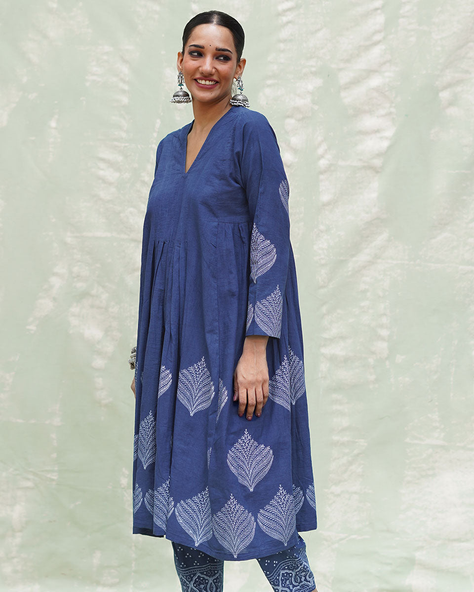 Zeelaf Blue Handblock Print Cotton Kurti- INDI