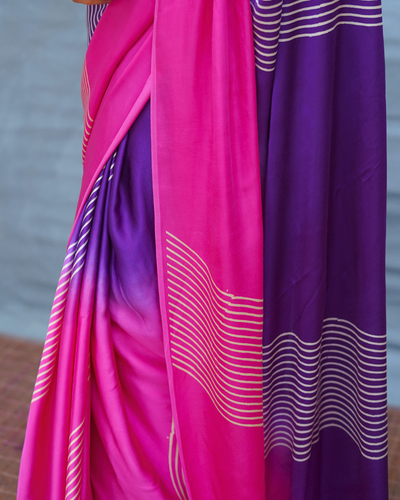 Loose Grace Pink With Purple Handblock Print Modal Silk Saree - Flow