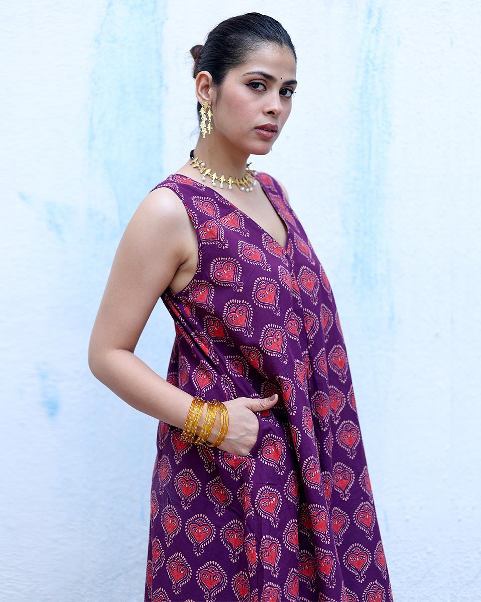 Jugnu Purple Handblock Print Cotton Dress - RSH