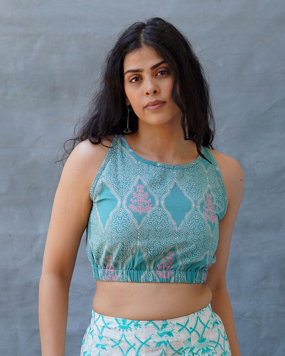Dewy Daffodils Teal Green Block Printed Blouse - MMG