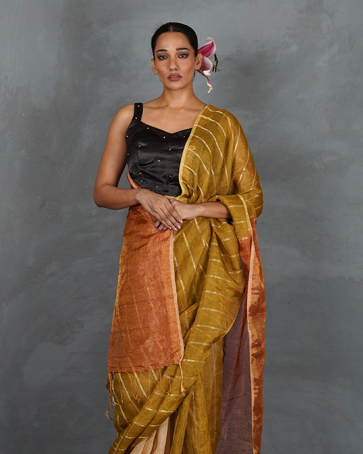 Catch Stars Mustard Gold Handwoven Linen Saree - TARA