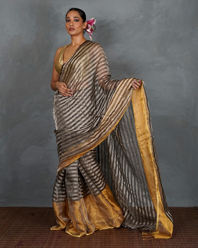 Burn Soft Silver With Black Strip Handwoven Linen Saree - TARA