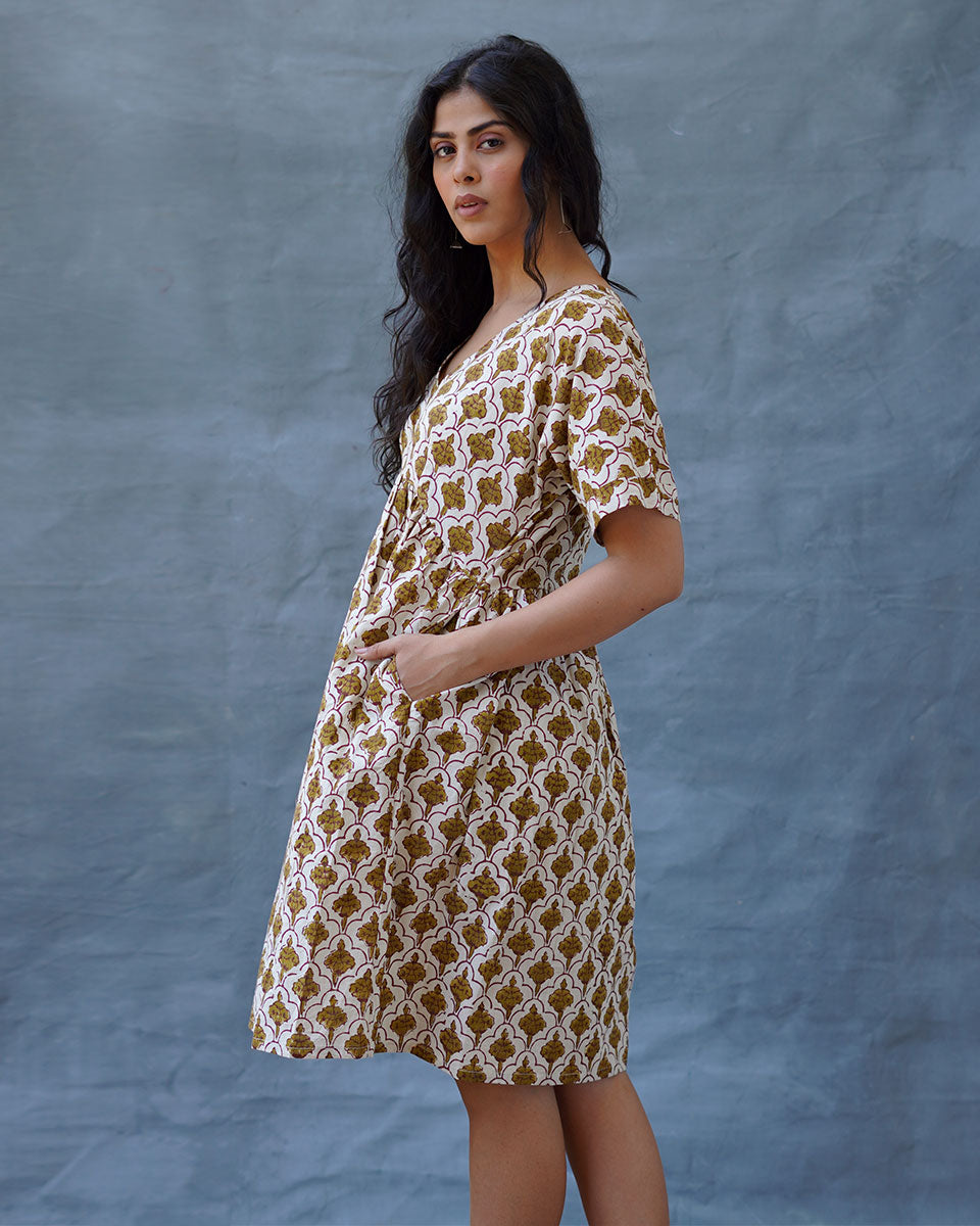 Tu Dilruba Ivory Block Printed Cotton Dress - WW