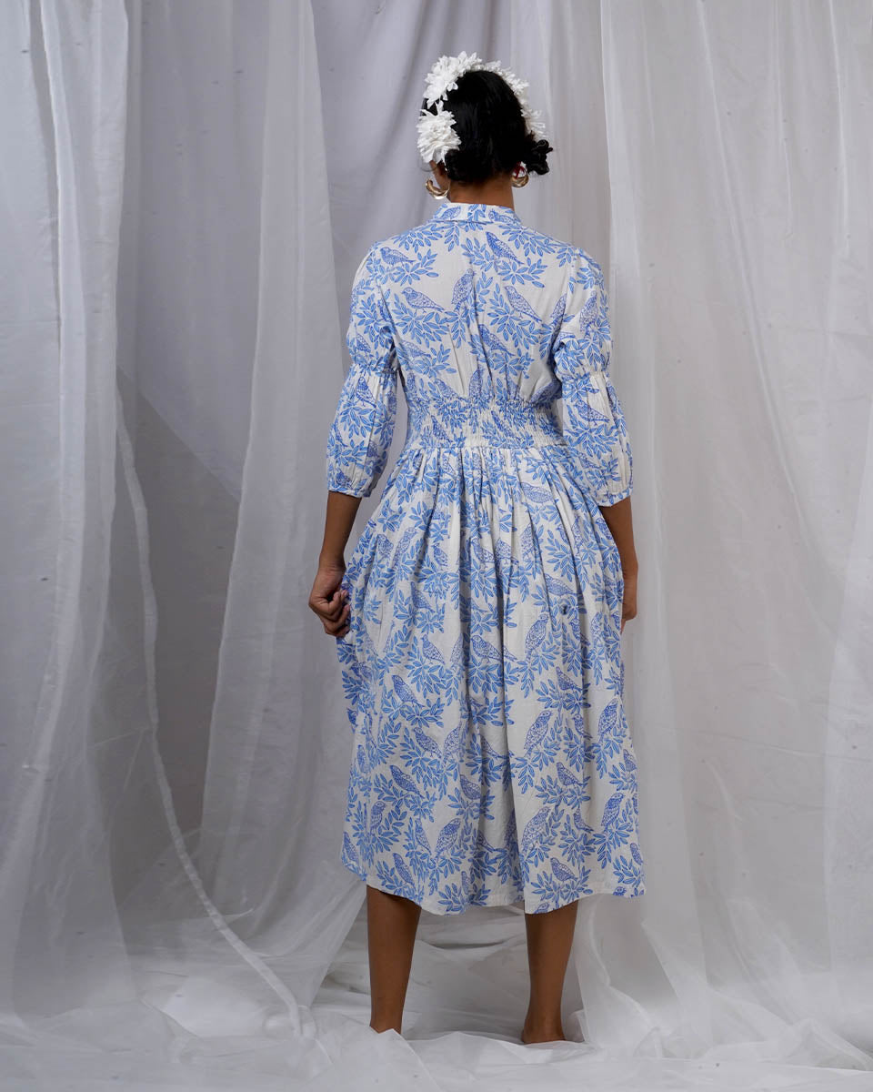Neyra Ivory Blue Hand Block Printed Dress-BAD