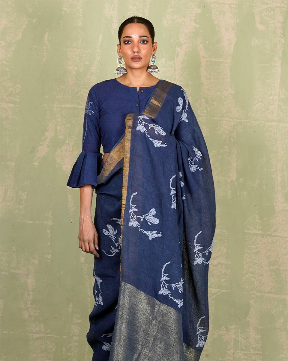 Purva Blue Handblock Print Linen Saree - INDI