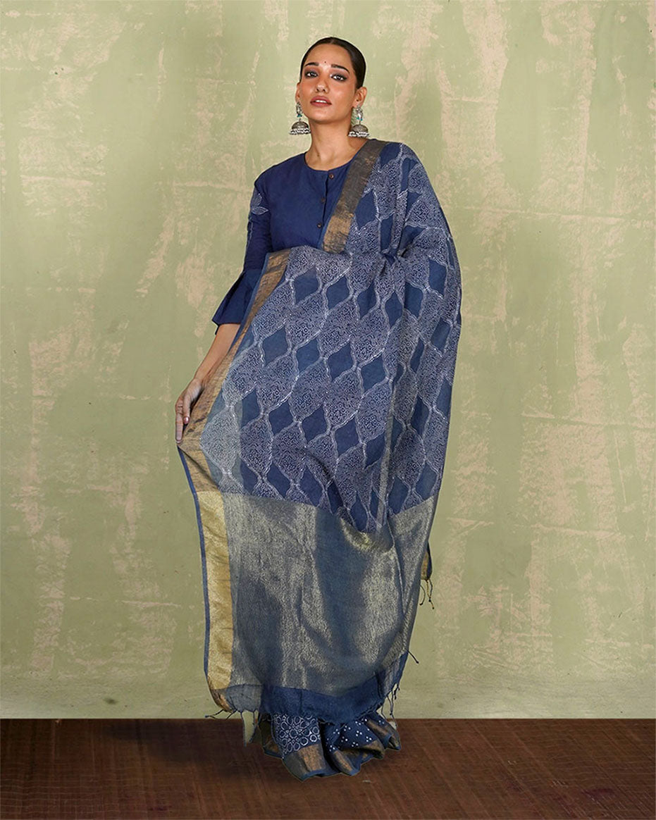 Sandhya Blue Handblock Print Linen Saree - INDI