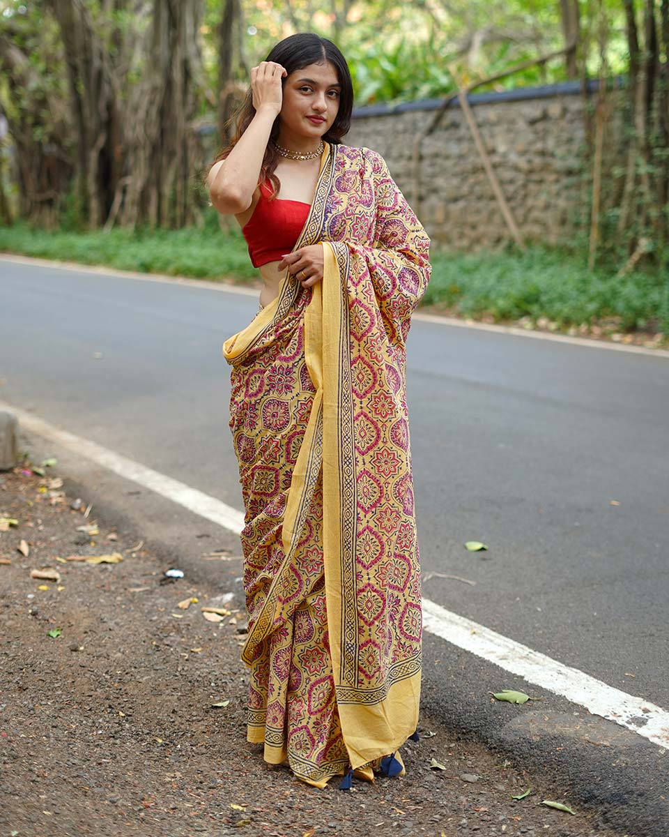 Chikoo Shake Mustard Yellow Handblock Print Cotton Saree - PBC