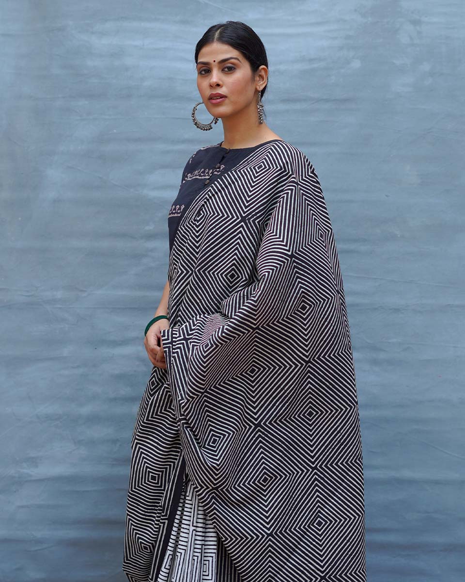 Vintage Muse Black & White Handblock Print Cotton Saree - M&M
