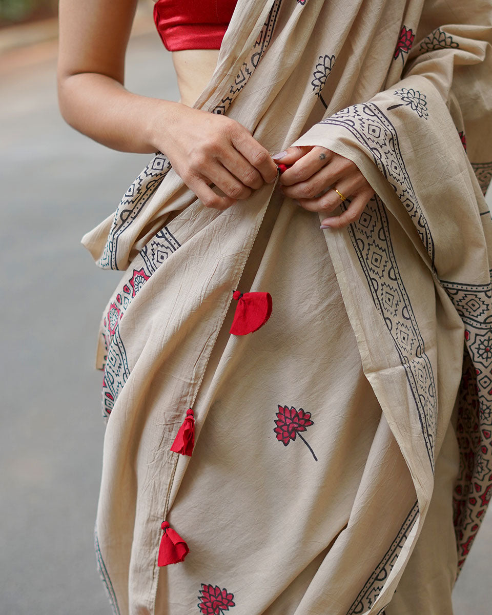 Coconut Chikki Beige Handblock Print Cotton Saree - PBC