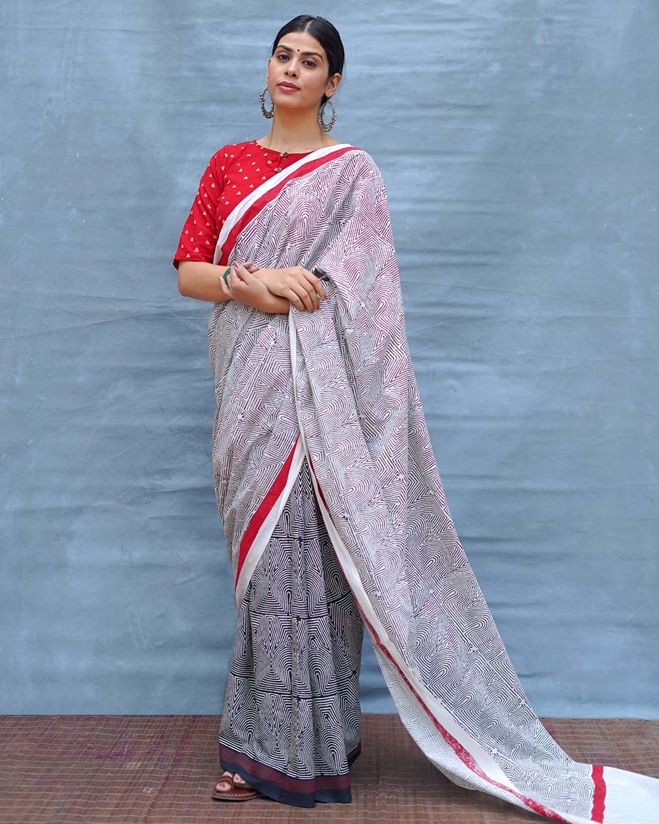 Vintage Poem Black & White Handblock Print Cotton Saree - M&M