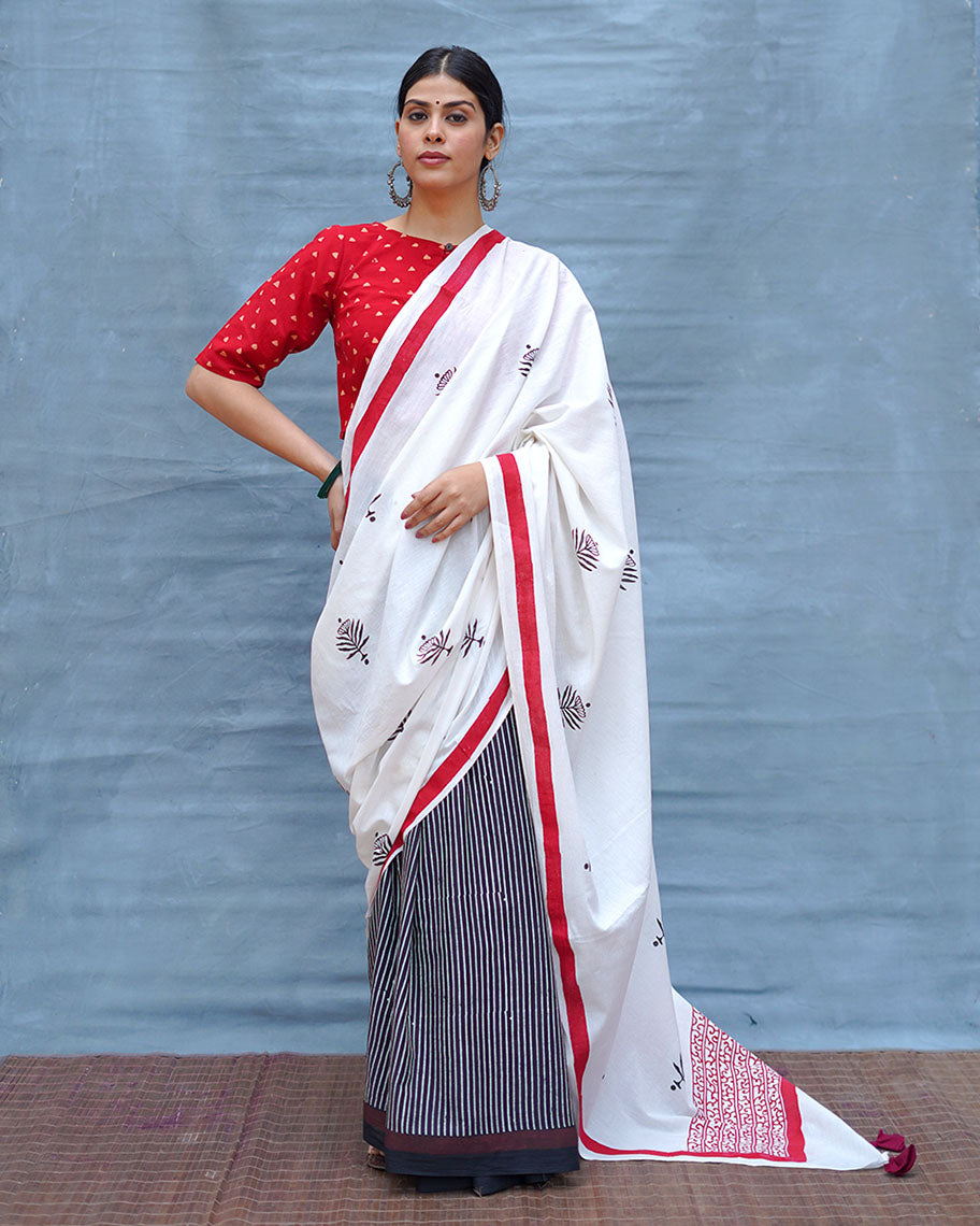 Moon & Mist Black & White Handblock Print Cotton Saree - M&M