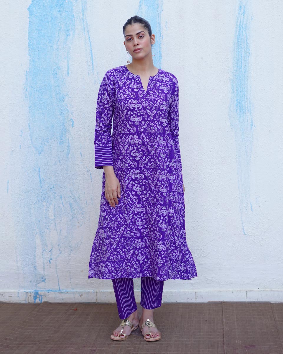 Hawa Purple Handblock Print Cotton Kurta Set - BFG