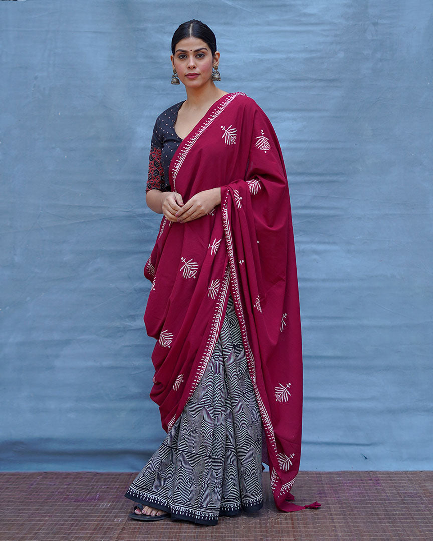 Charulata Maroon Handblock Printed Cotton Saree - Soil