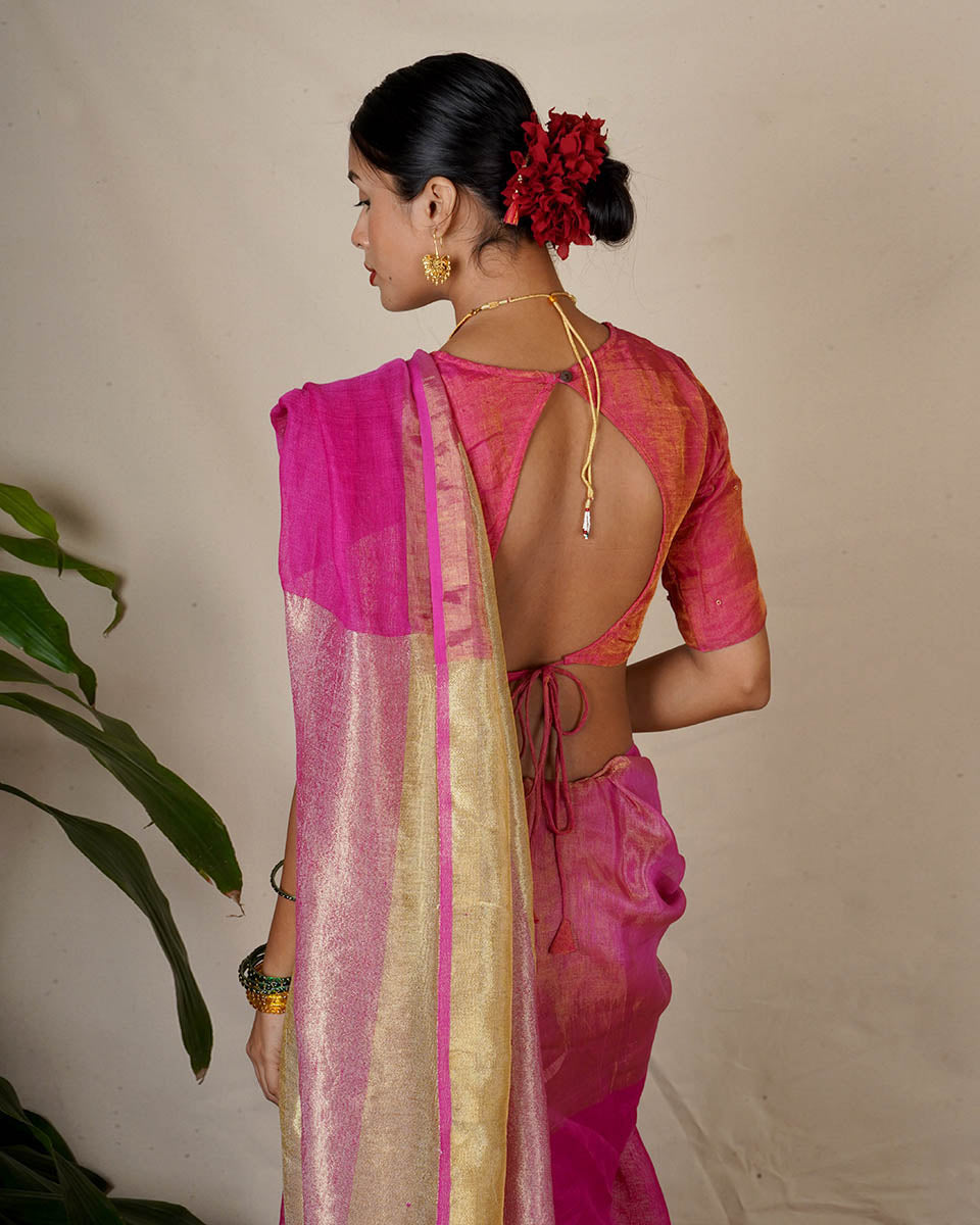 Ujjwala Pink Handwoven Linen Zari Saree - Eknoor