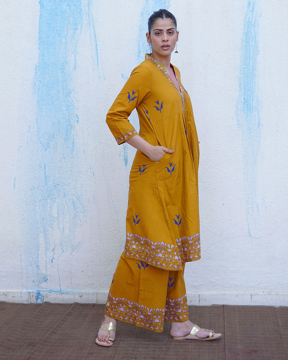 Rangeeli Mustard Yellow Handblock Print Cotton Kurta Set - BFG