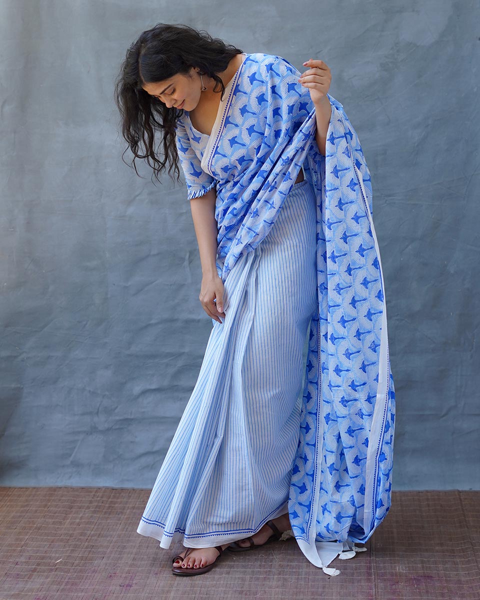 Maya Blue Hand Block Printed Saree-BAD