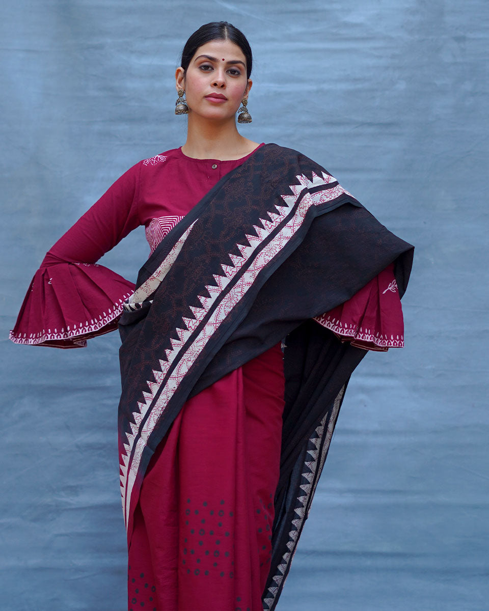 Mrinmoyee Maroon With Black Handblock Printed Cotton Saree - Soil