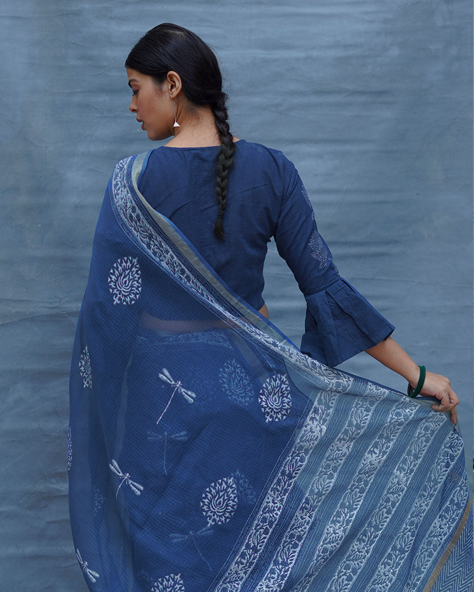 Indigo Shore Blue Block Printed Kota Doria Saree - INDI