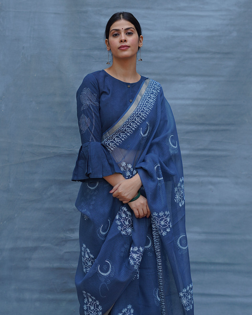 Moon water Blue Block Printed Kota Doria Saree - INDI