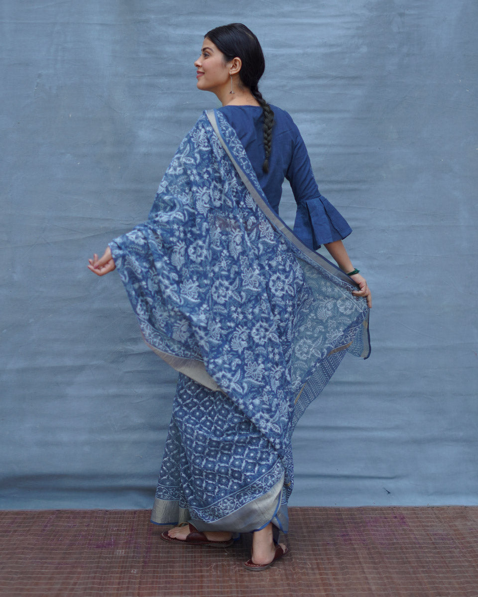 Waiting Sea Blue Block Printed Kota Doria Saree - INDI